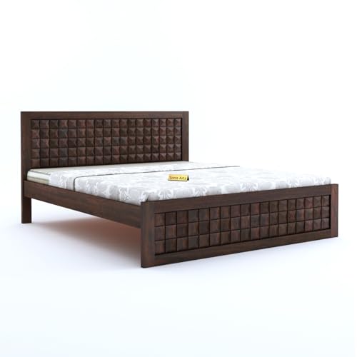 Solid Sheesham Wood Designer Queen Size Bed with Geometric Headboard