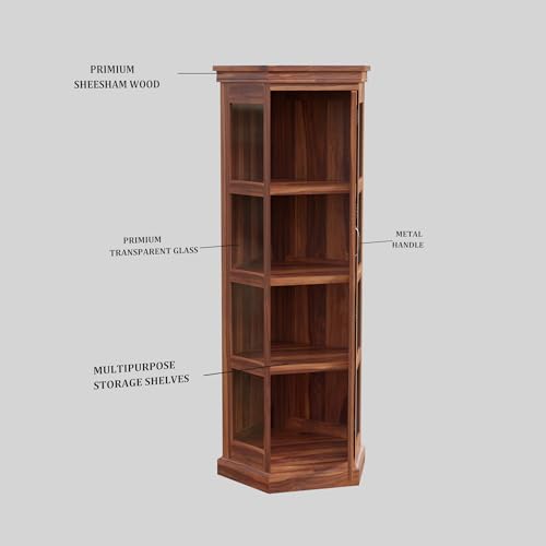 Solid Sheesham Corner Bookshelf with Glass Door