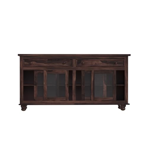 Solid Sheesham Wood Sideboard with Sliding Glass Doors - Walnut Finish