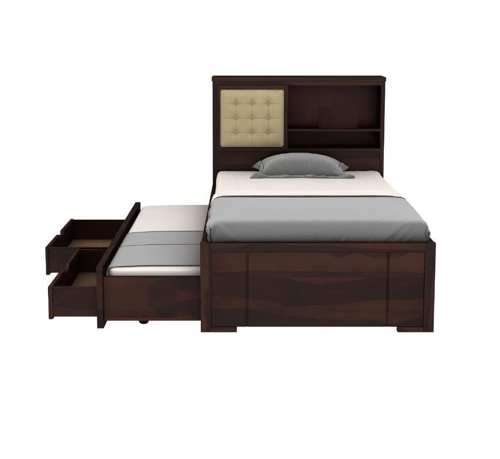 Solid Sheesham Wood  Single Bed with Storage - Walnut Finish