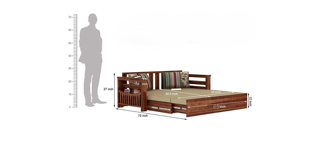 Solid Sheesham Sofa Cum Bed For Livingroom | Natural Finish