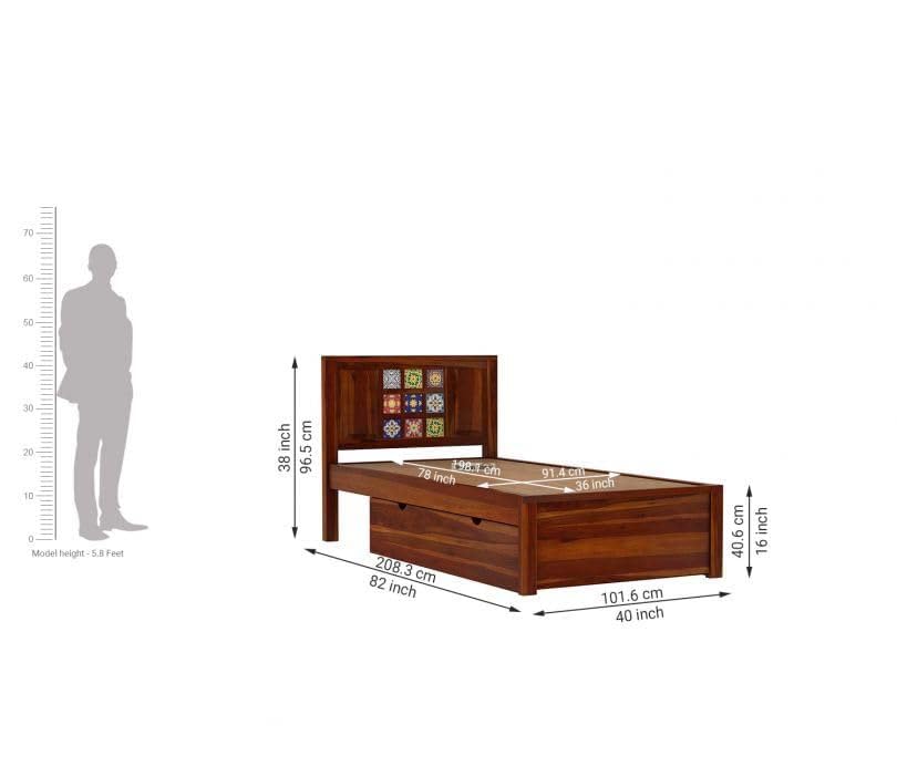 Solid Sheesham Wood Single Bed with Storage Withj Tile Headboard