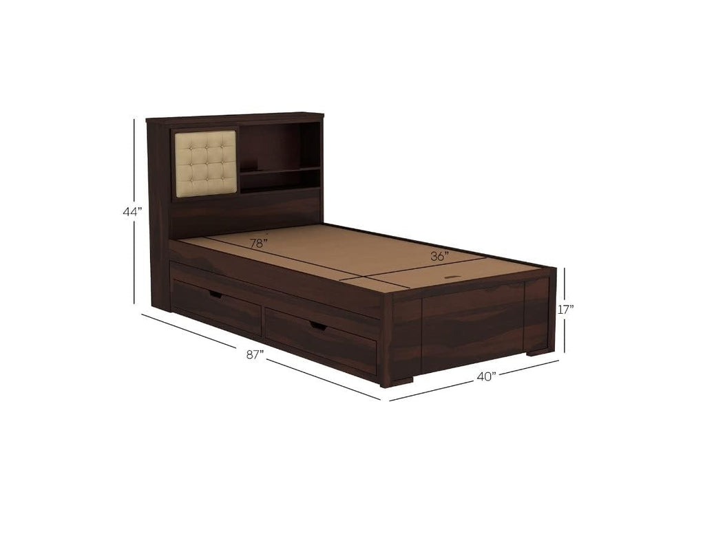 Solid Sheesham Wood  Single Bed with Storage - Walnut Finish