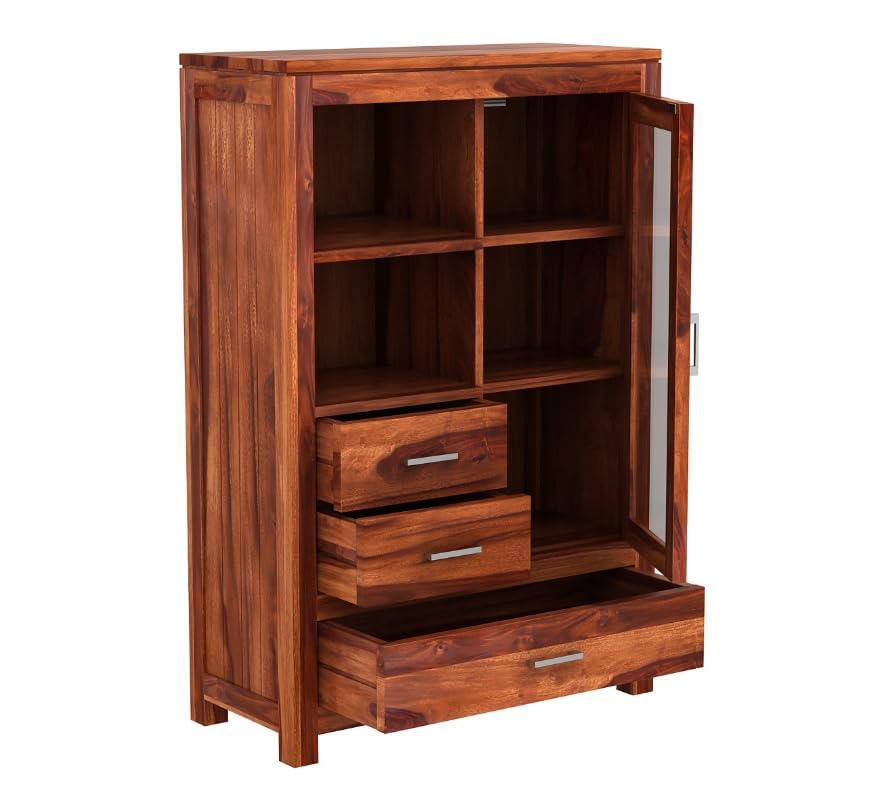 Sheesham Wood Bookshelf & Crockery Cabinet with Drawers - Honey Finish