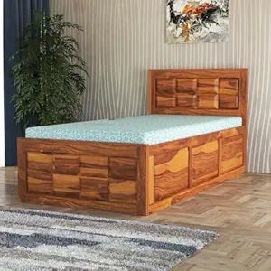 Ratan Pattern Sheesham Wood Single Bed - Honey Finish