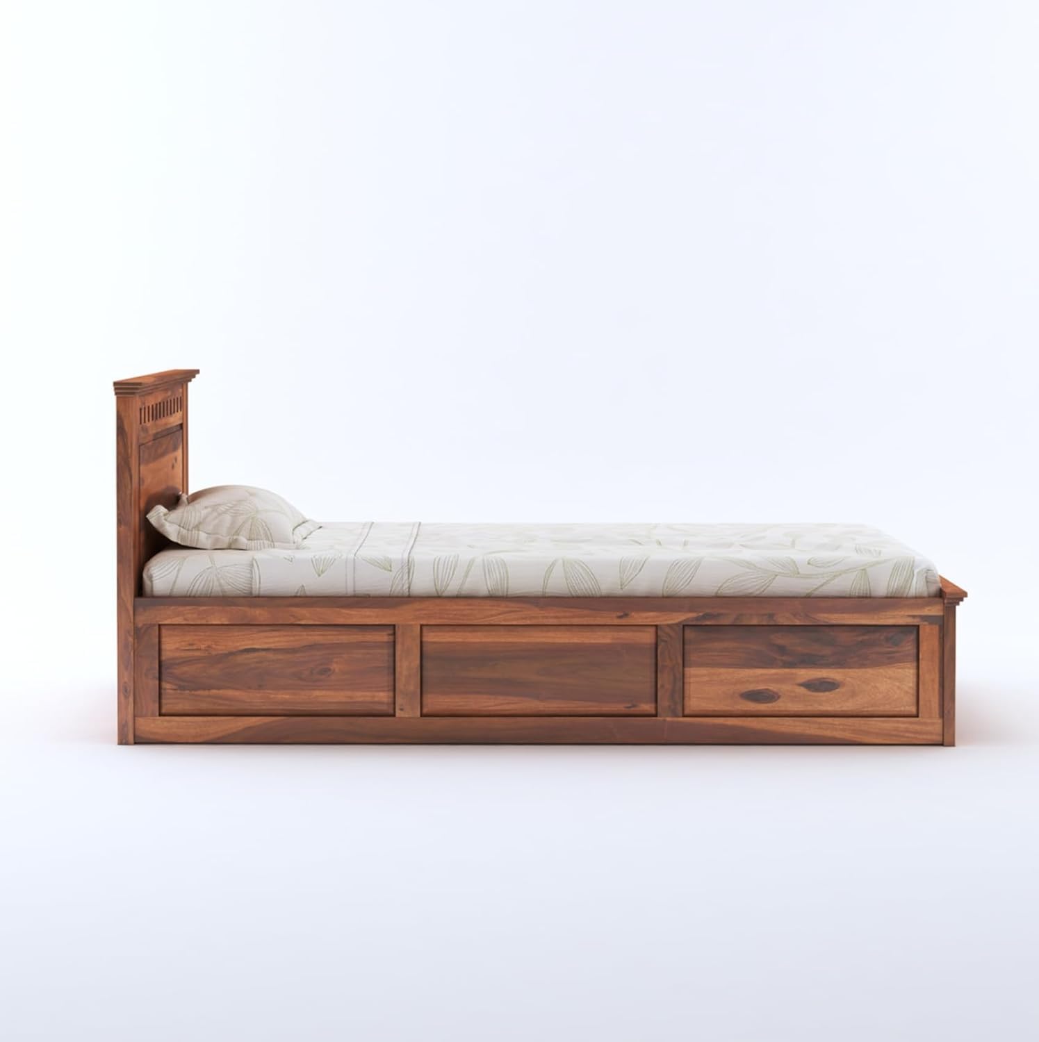Solid Sheesham Single Bed with Box Storage - Teak Honey Finish