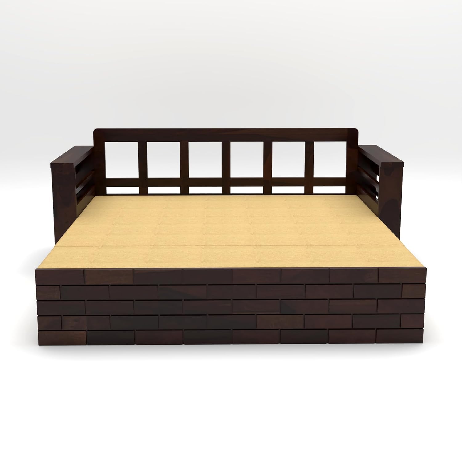 3-Seater Sheesham Wood Sofa Cum Bed - Walnut Finish