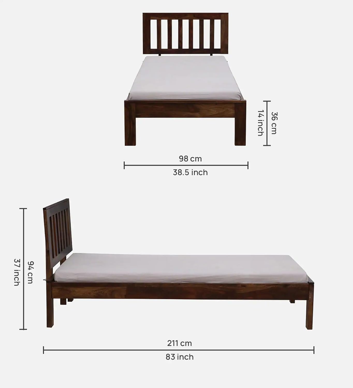 Premium Solid Sheesham Wood Single Bed | Walnut Finish