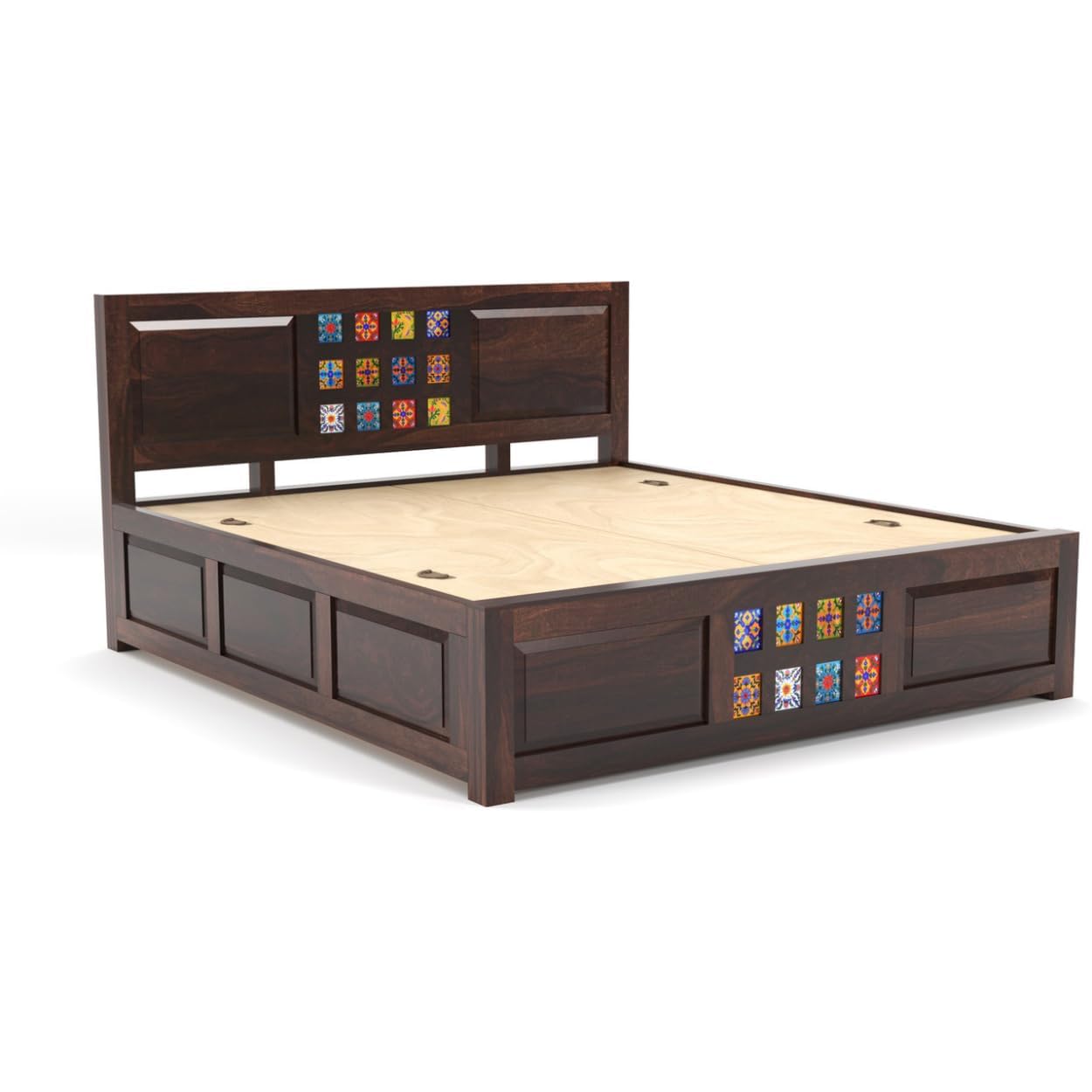 Jodhpuri Tile King Size Sheesham Bed with Storage - Walnut Finish