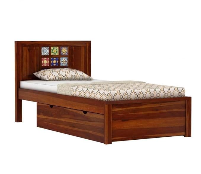 Solid Sheesham Wood Single Bed with Storage Withj Tile Headboard