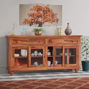 Solid Sheesham Wood Sideboard Cabinet with Drawer & Glass Door