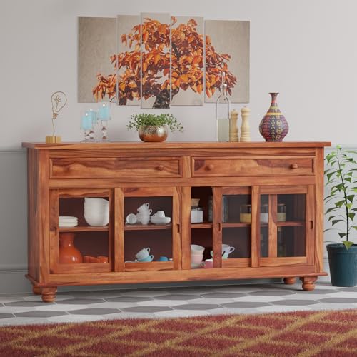 Solid Sheesham Wood Sideboard Cabinet with Drawer & Glass Door