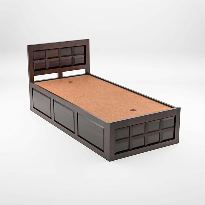 Ratan Pattern Single Bed with Storage - Walnut Finish