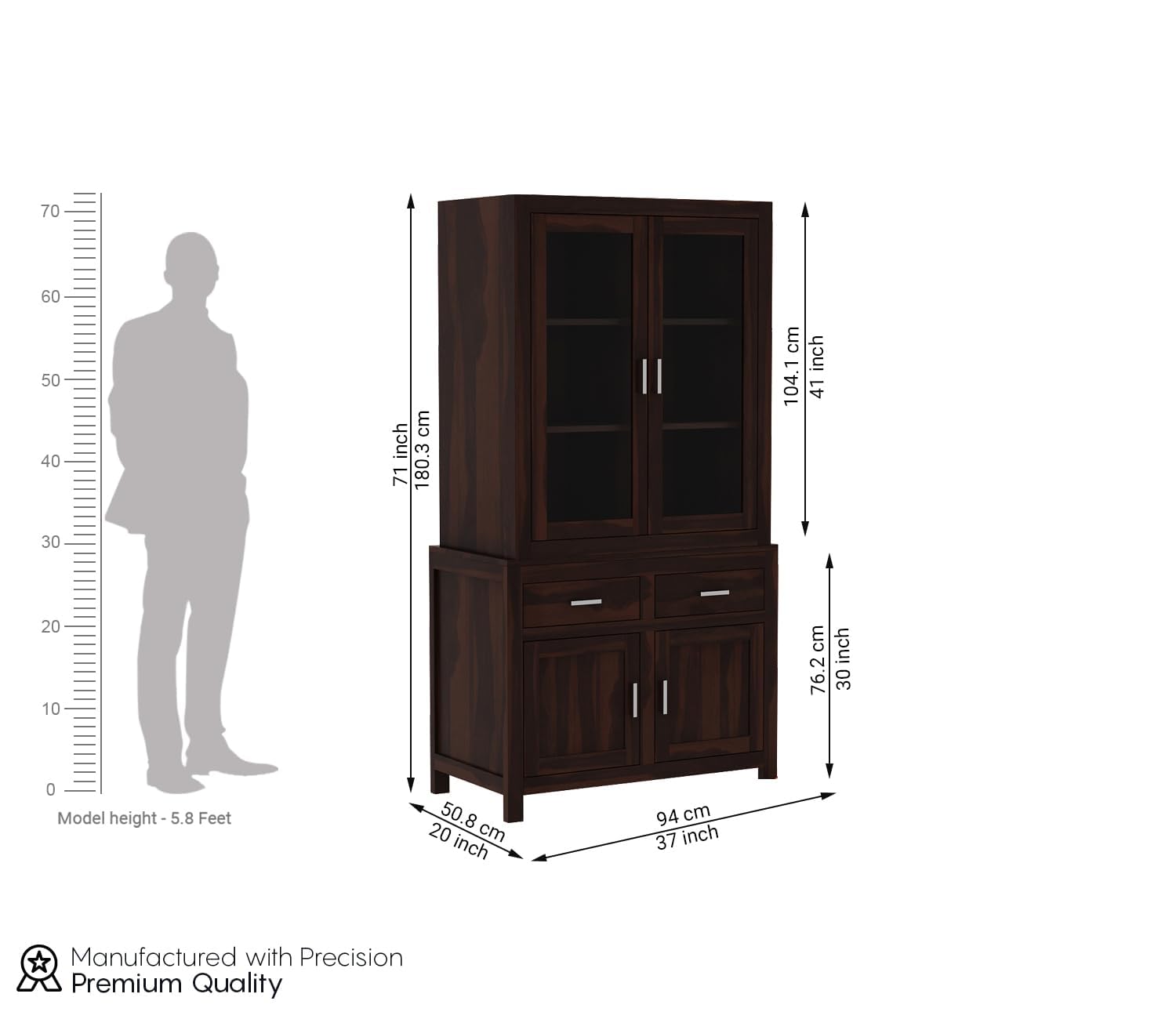 Sheesham Sideboard with Glass Doors & Drawers - Walnut Finish