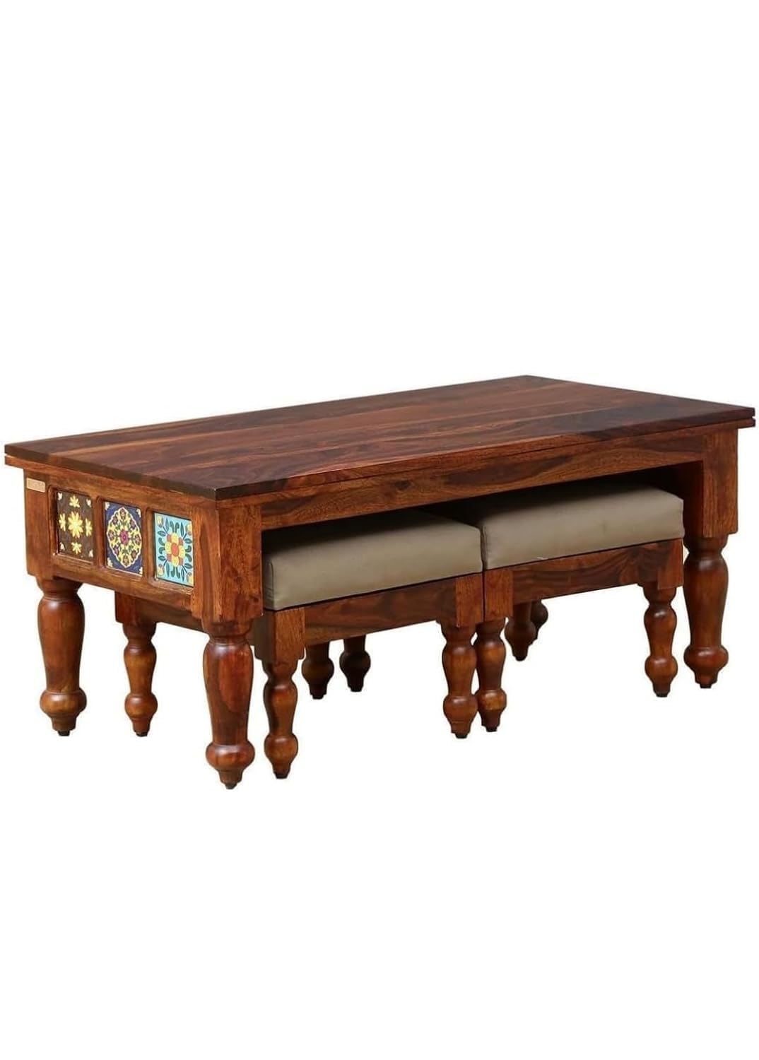 Sheesham Wood Coffee Table Set with Nesting Stools | Natural Finish