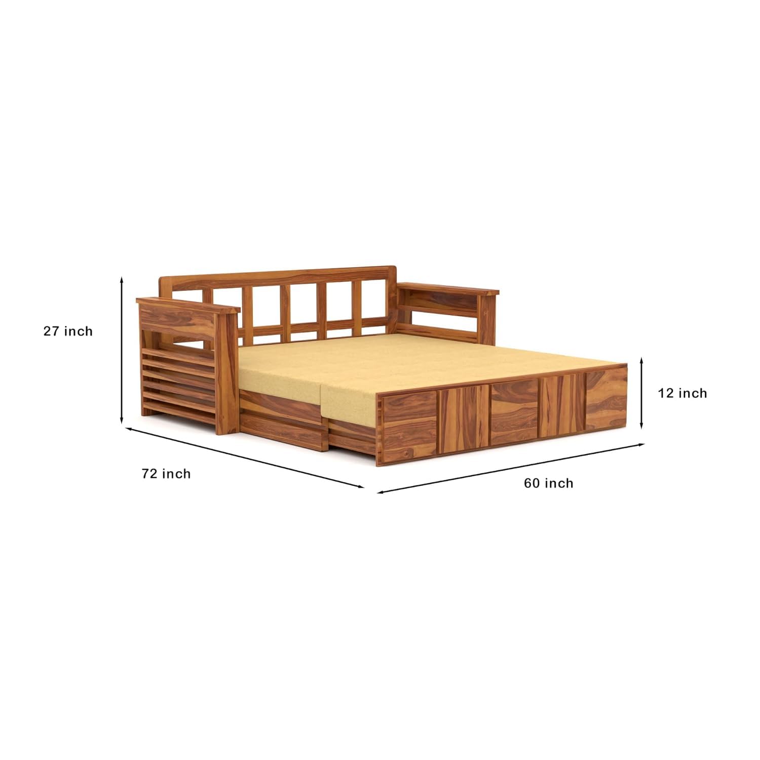 Queen Size Sheesham Sofa Cum Bed (3-Seater) - Natural Finish