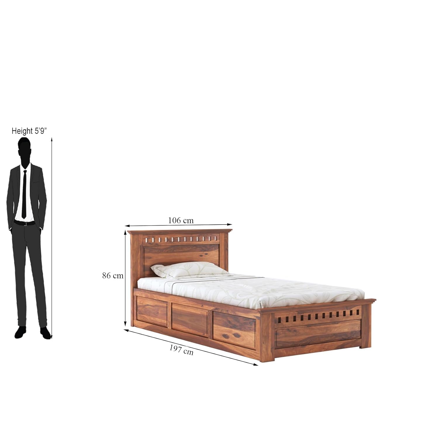 Solid Sheesham Single Bed with Box Storage - Teak Honey Finish