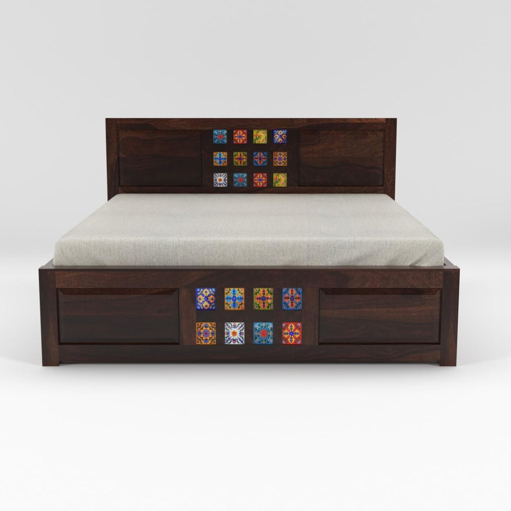 Jodhpuri Tile King Size Sheesham Bed with Storage - Walnut Finish