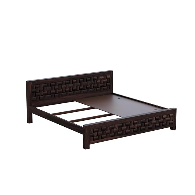 Solid Sheesham Wood King Size Bed with Woven Design Headboard