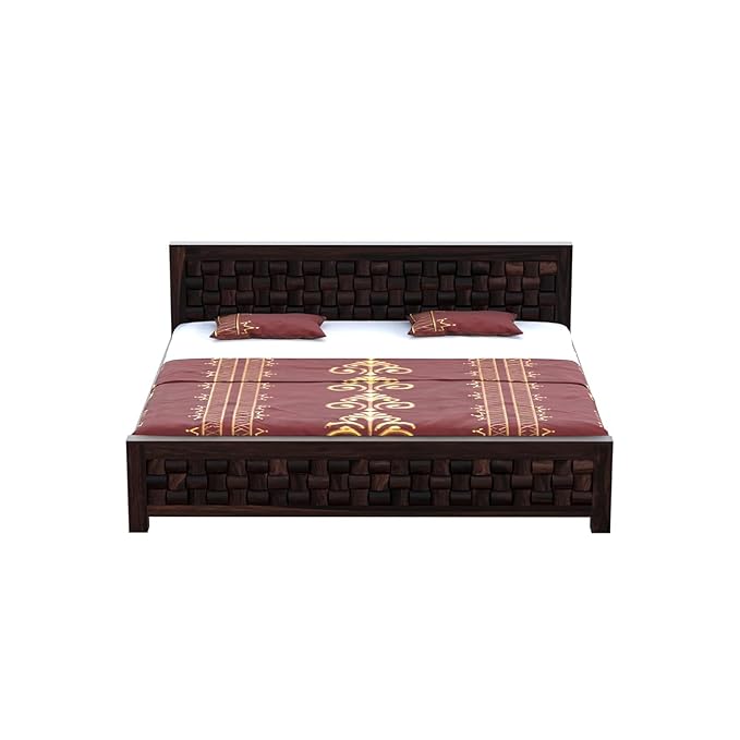 Solid Sheesham Wood King Size Bed with Woven Design Headboard