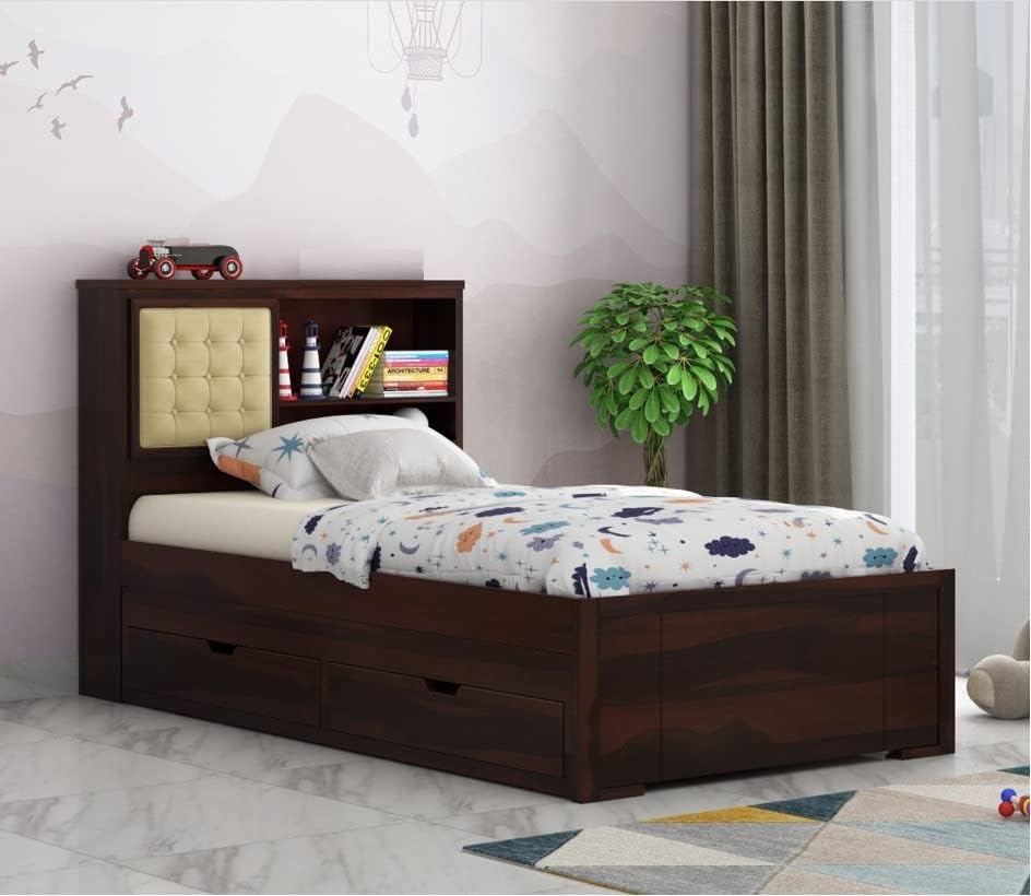 Solid Sheesham Wood  Single Bed with Storage - Walnut Finish