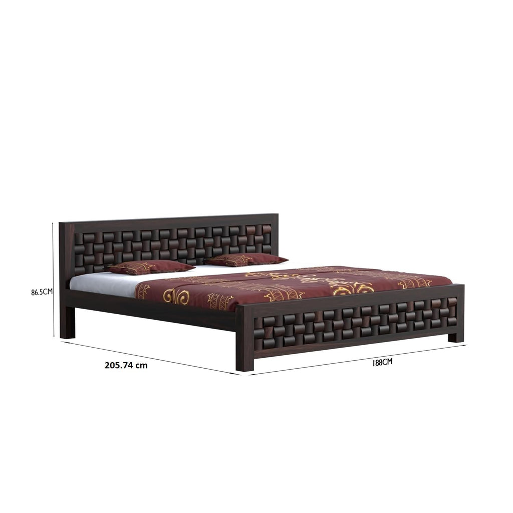 Solid Sheesham Wood King Size Bed with Woven Design Headboard