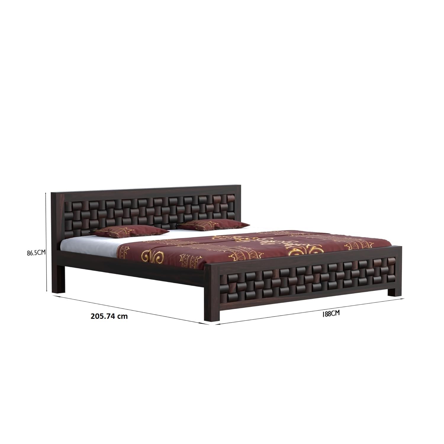 Solid Sheesham Wood King Size Bed with Woven Design Headboard