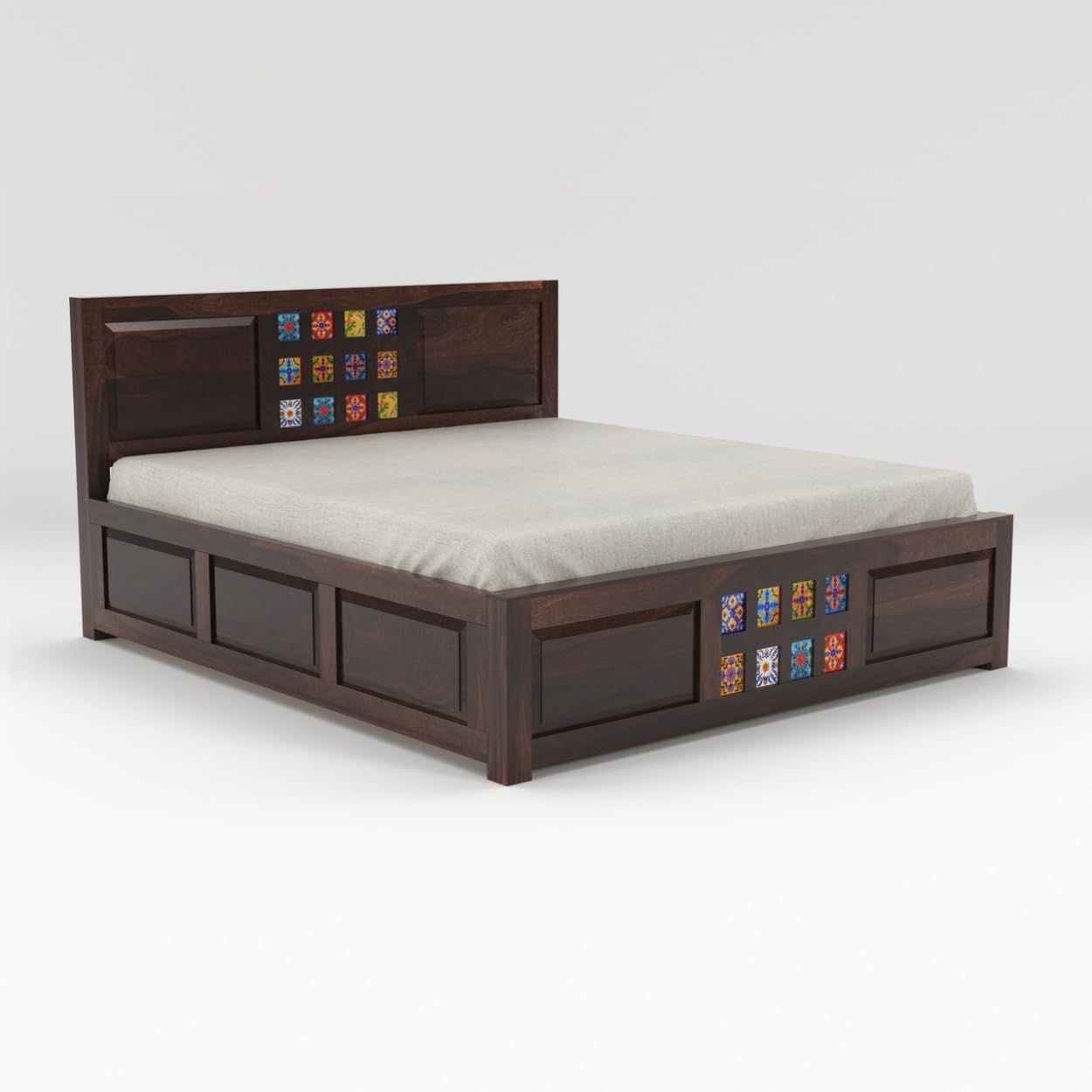 Jodhpuri Tile King Size Sheesham Bed with Storage - Walnut Finish