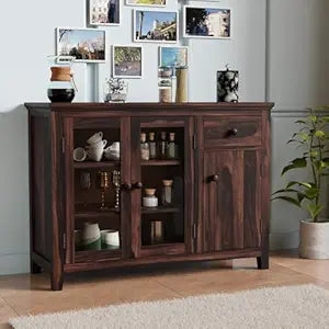 Sheesham Sideboard Cabinet with Glass Doors - Walnut Finish
