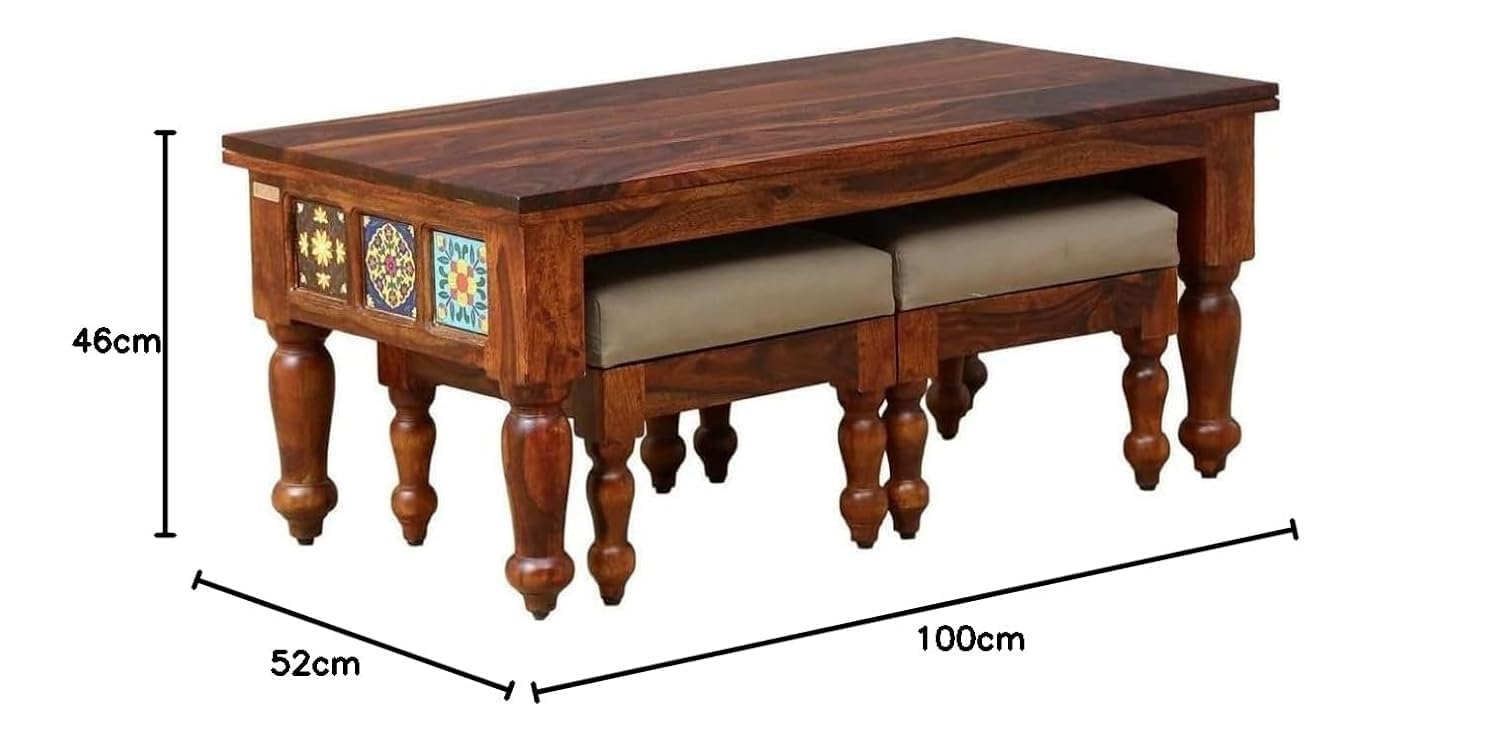Sheesham Wood Coffee Table Set with Nesting Stools | Natural Finish