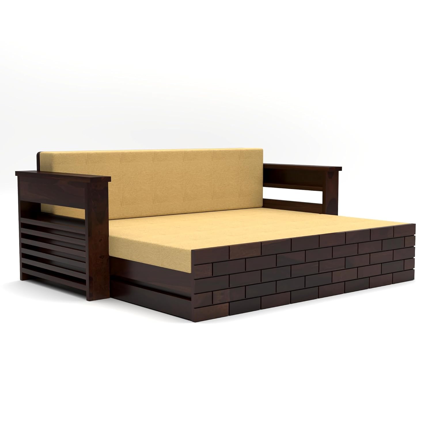 3-Seater Sheesham Wood Sofa Cum Bed - Walnut Finish