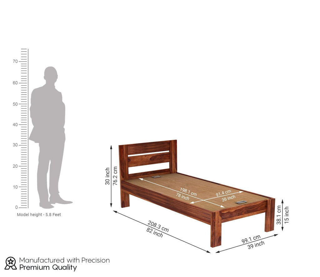 Solid Sheesham Wood Single Bed for Bedroom| Natural Finish