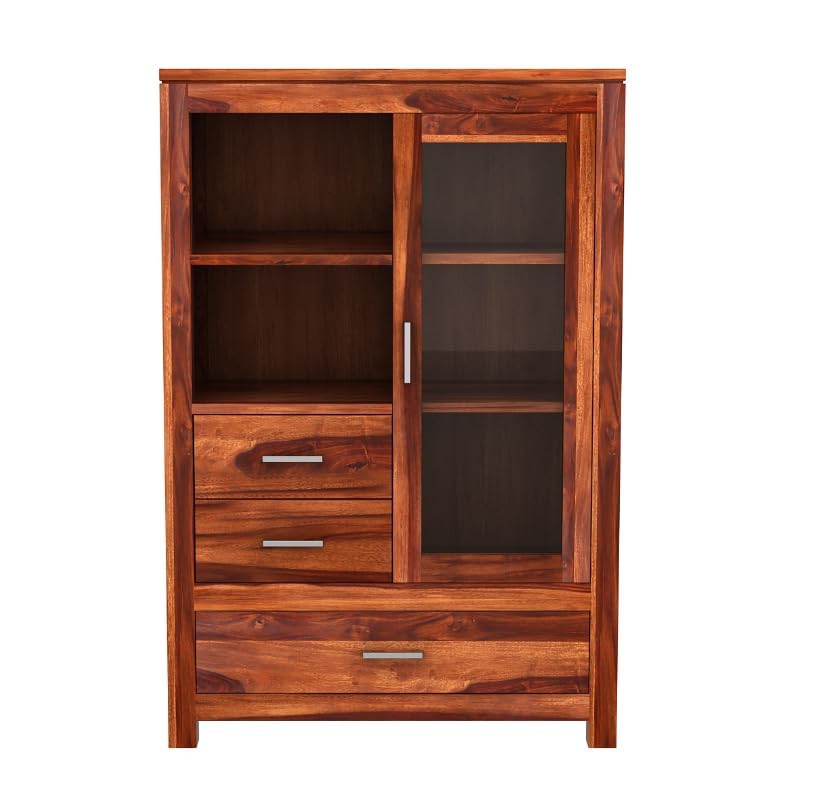 Sheesham Wood Bookshelf & Crockery Cabinet with Drawers - Honey Finish