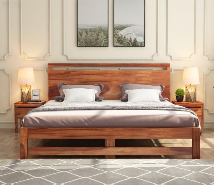 Solid Sheesham Wood King Size Bed for Bedroom | Natural Finish