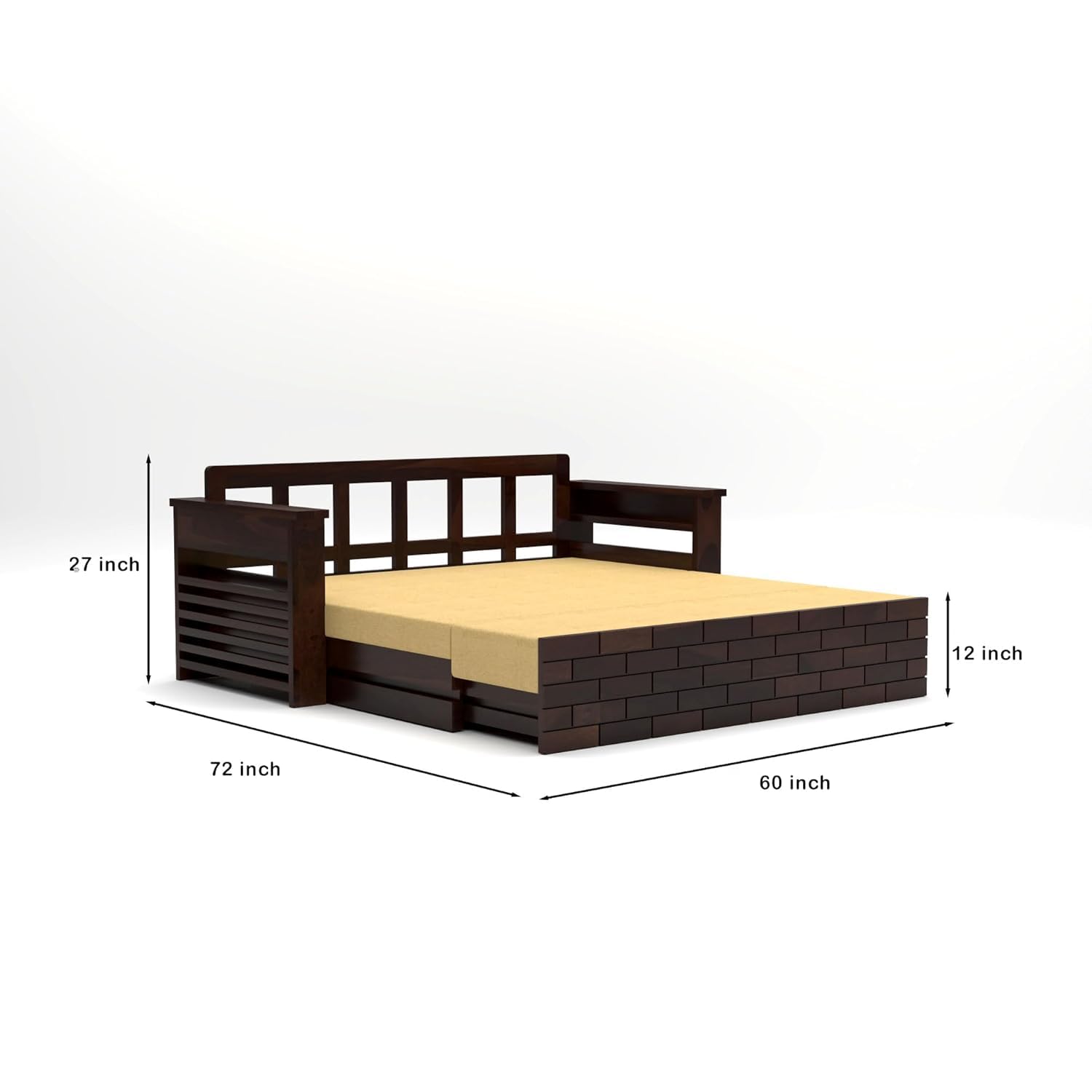 3-Seater Sheesham Wood Sofa Cum Bed - Walnut Finish