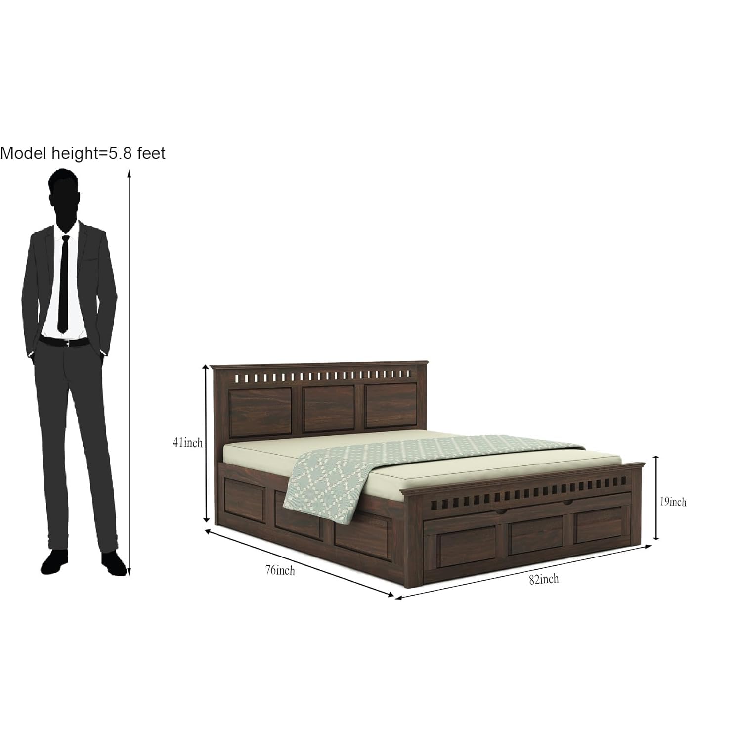 Kuber King Sheesham Bed with Drawers - Walnut Finish