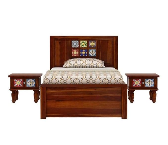 Solid Sheesham Wood Single Bed with Storage Withj Tile Headboard