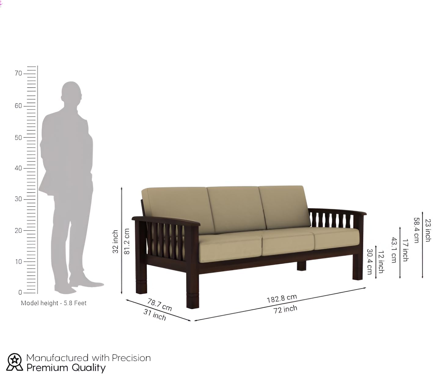 Solid Sheesham Wood 3-Seater Sofa - Walnut Finish