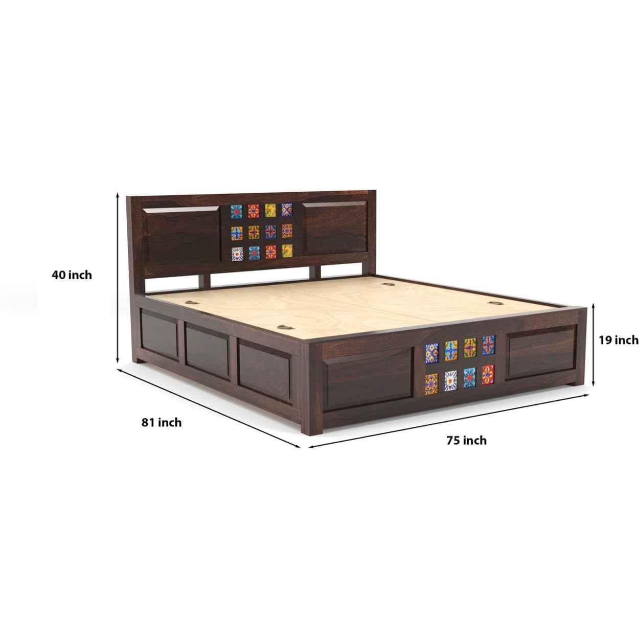 Jodhpuri Tile King Size Sheesham Bed with Storage - Walnut Finish