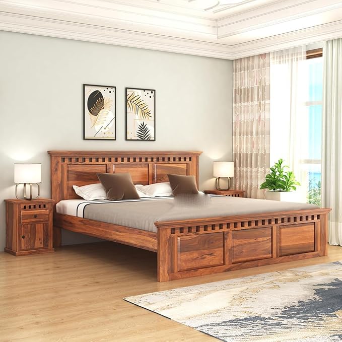 Solid Sheesham Wood Queen Size Bed | Honey Teak Finish