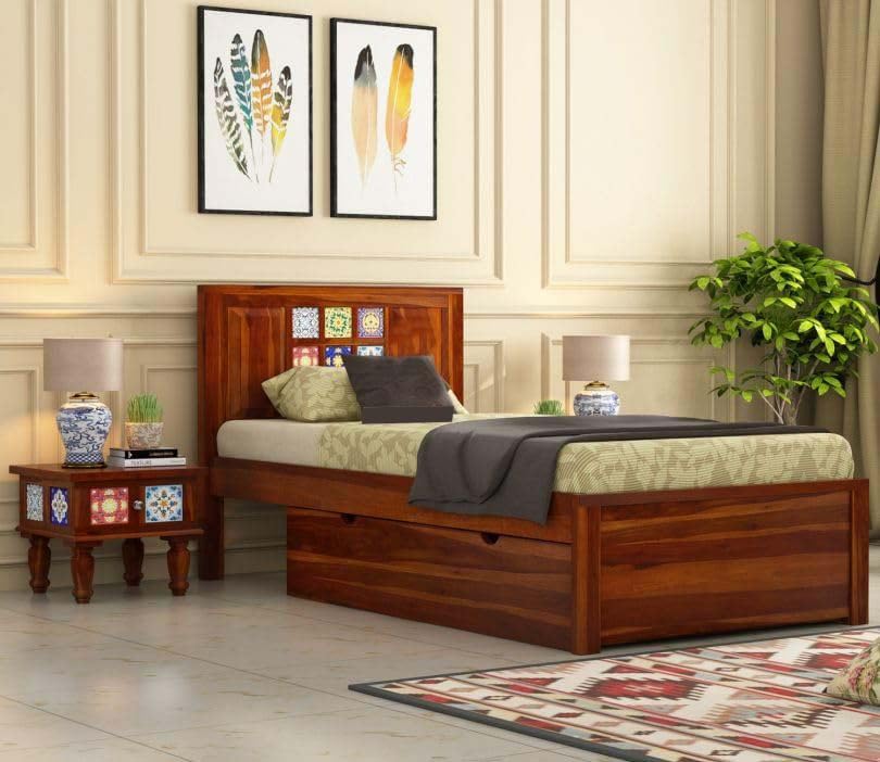 Solid Sheesham Wood Single Bed with Storage Withj Tile Headboard