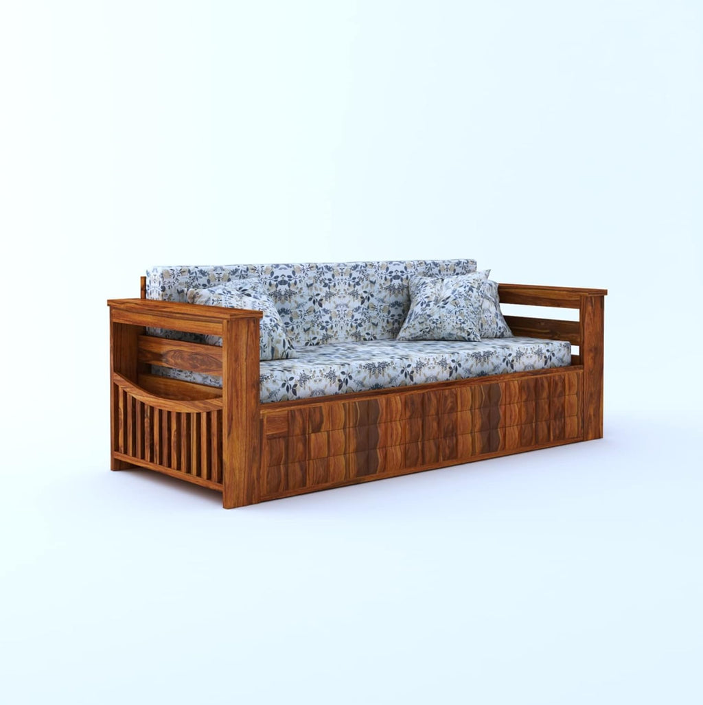 Diamond 3-Seater Sheesham Sofa Cum Bed - Natural Finish