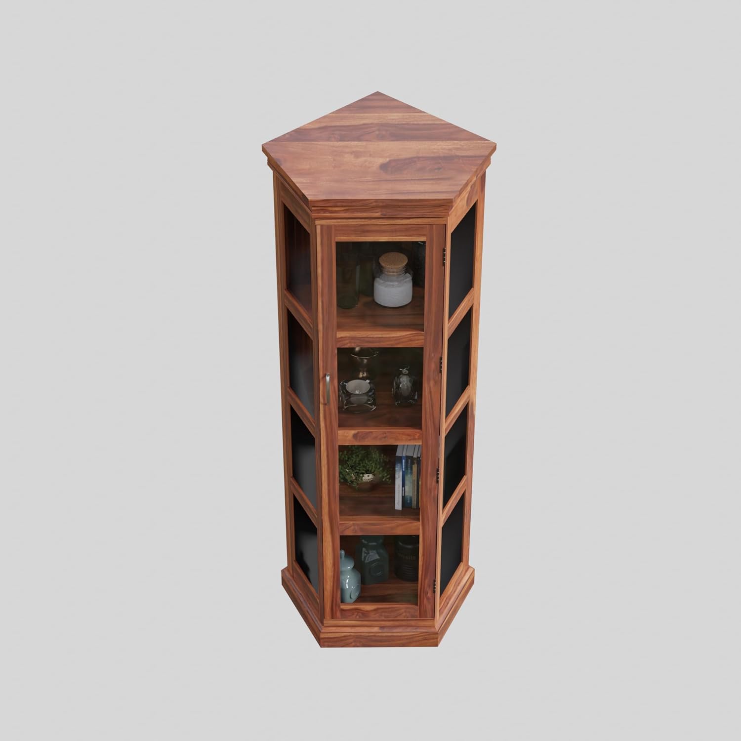 Solid Sheesham Corner Bookshelf with Glass Door