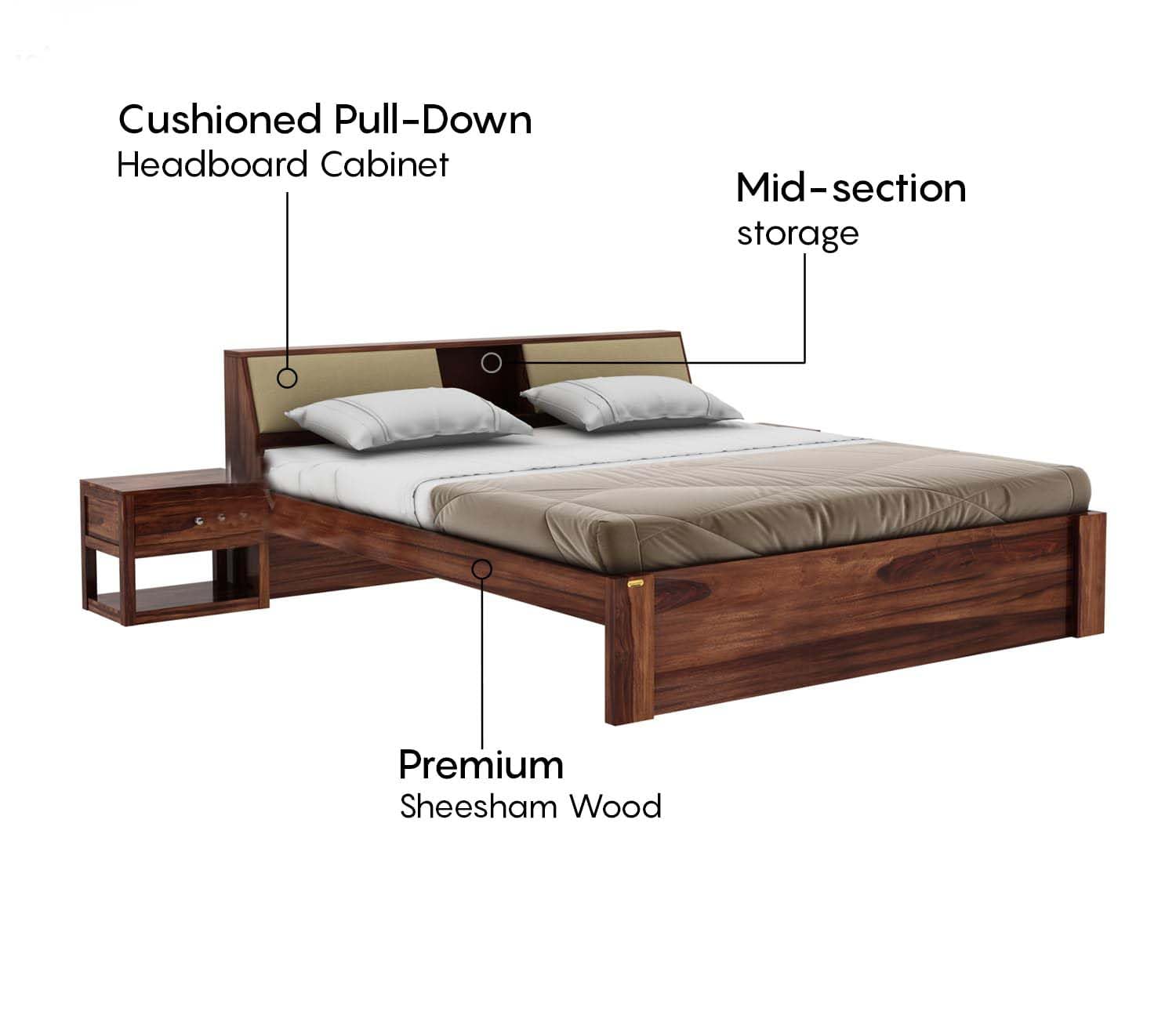 Solid Sheesham Wood King Size Bed For Bedroom - Honey Finish