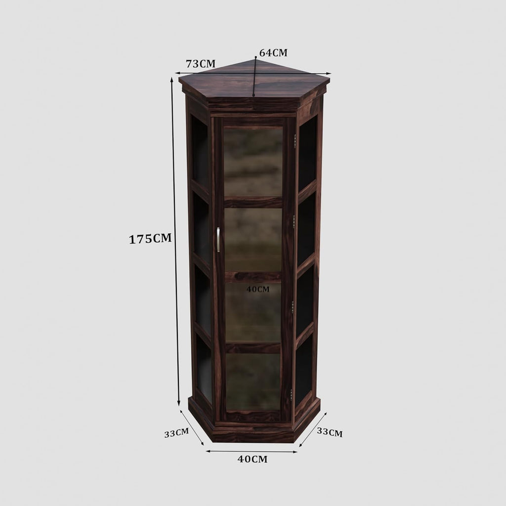 Sheesham Corner Bookshelf with Glass Door - Walnut Finish