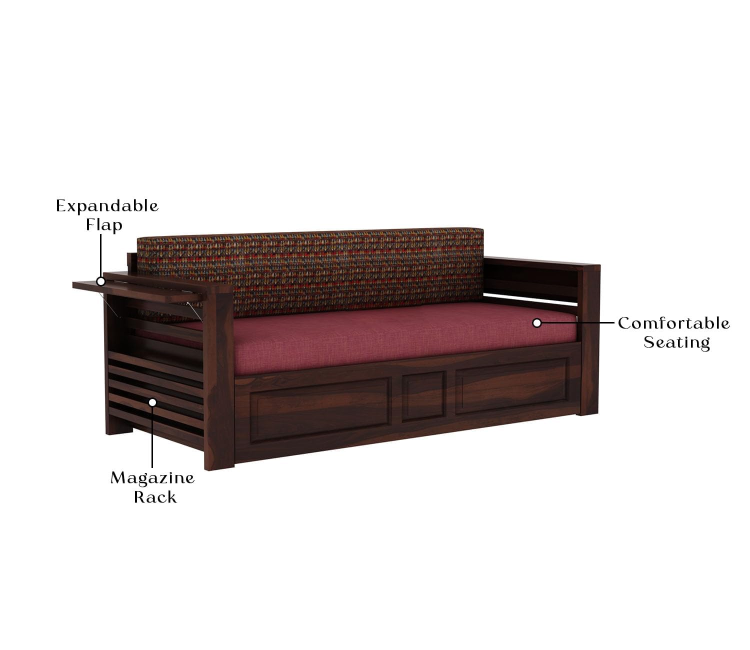 Foster 3-Seater Sheesham Sofa Cum Bed - Walnut Finish
