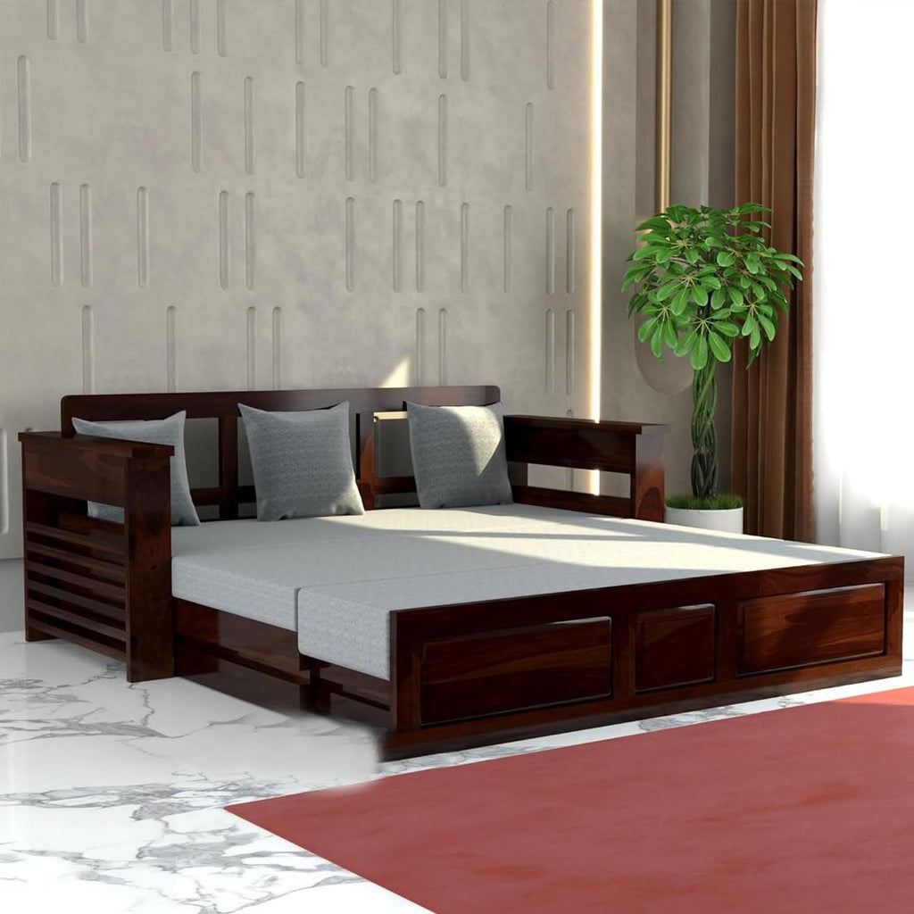 Solid Sheesham Wood Single Sofa Cum Bed | Walnut Finish