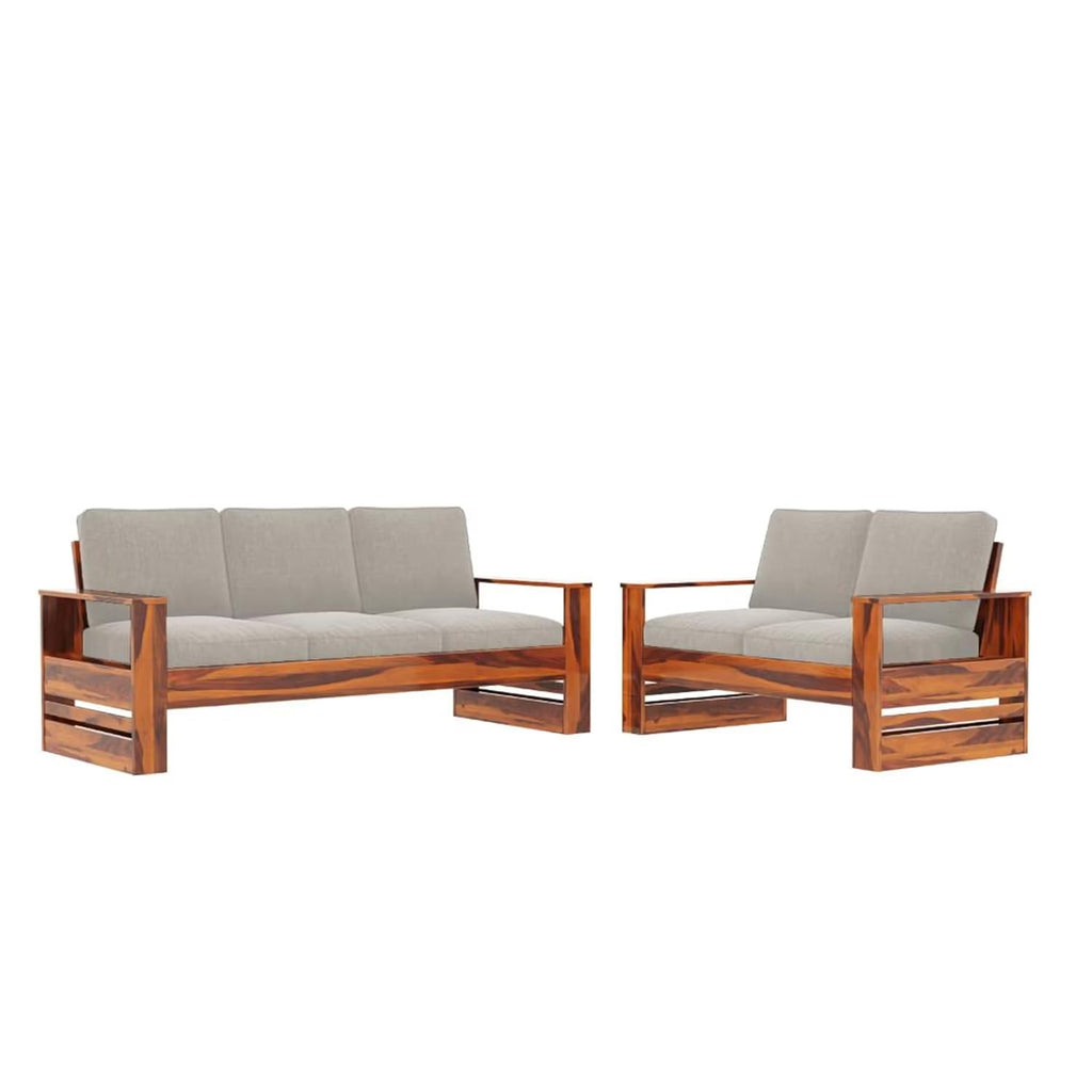 Solid Sheesham Wood Grey 5-Seater Wooden Sofa Set