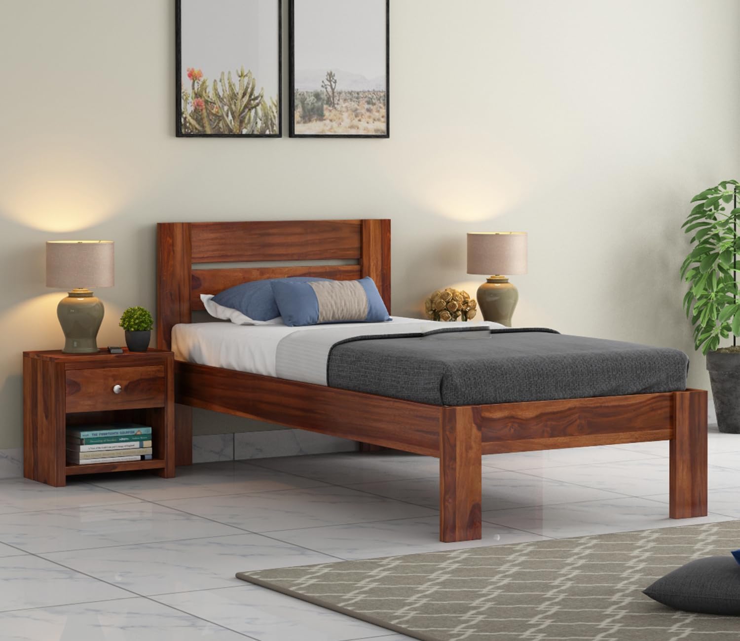 Solid Sheesham Wood Single Bed for Bedroom| Natural Finish