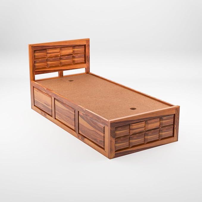 Ratan Pattern Sheesham Wood Single Bed - Honey Finish